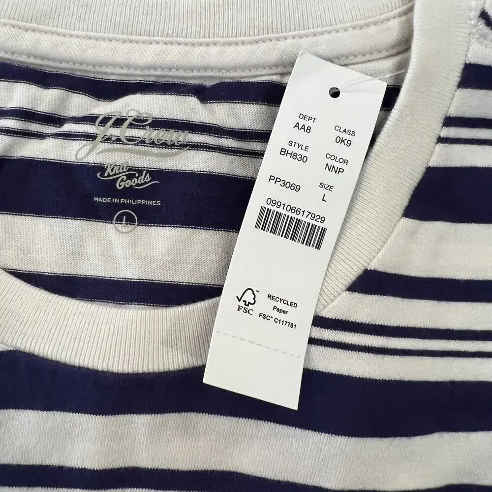 NWT J. Crew Men's Navy Pulse & White Stripe Cotton Crewneck T-Shirt